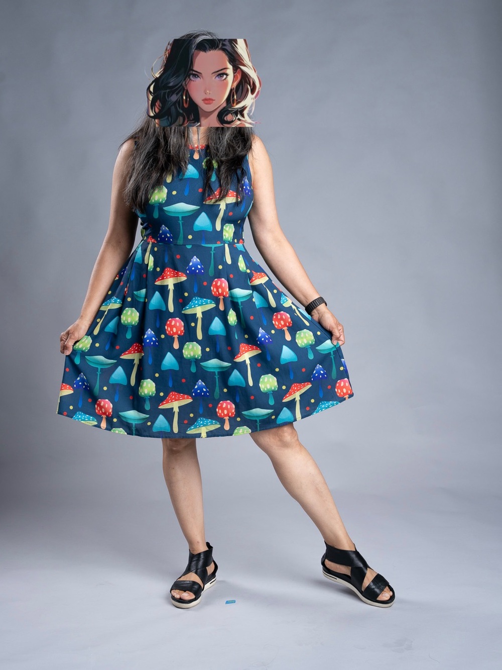 Navy Mushroom Print Fit-and-Flare Dress